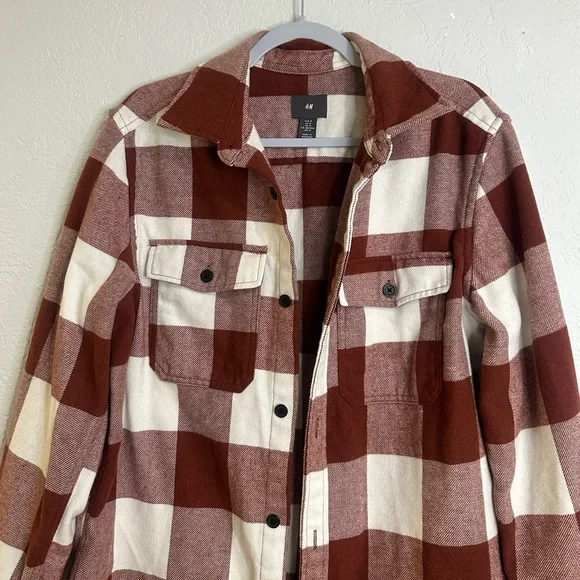 H&M Men’s Rust Burgundy Plaid Flannel Shacket Shirt Jacket Size M - Picture 4 of 12